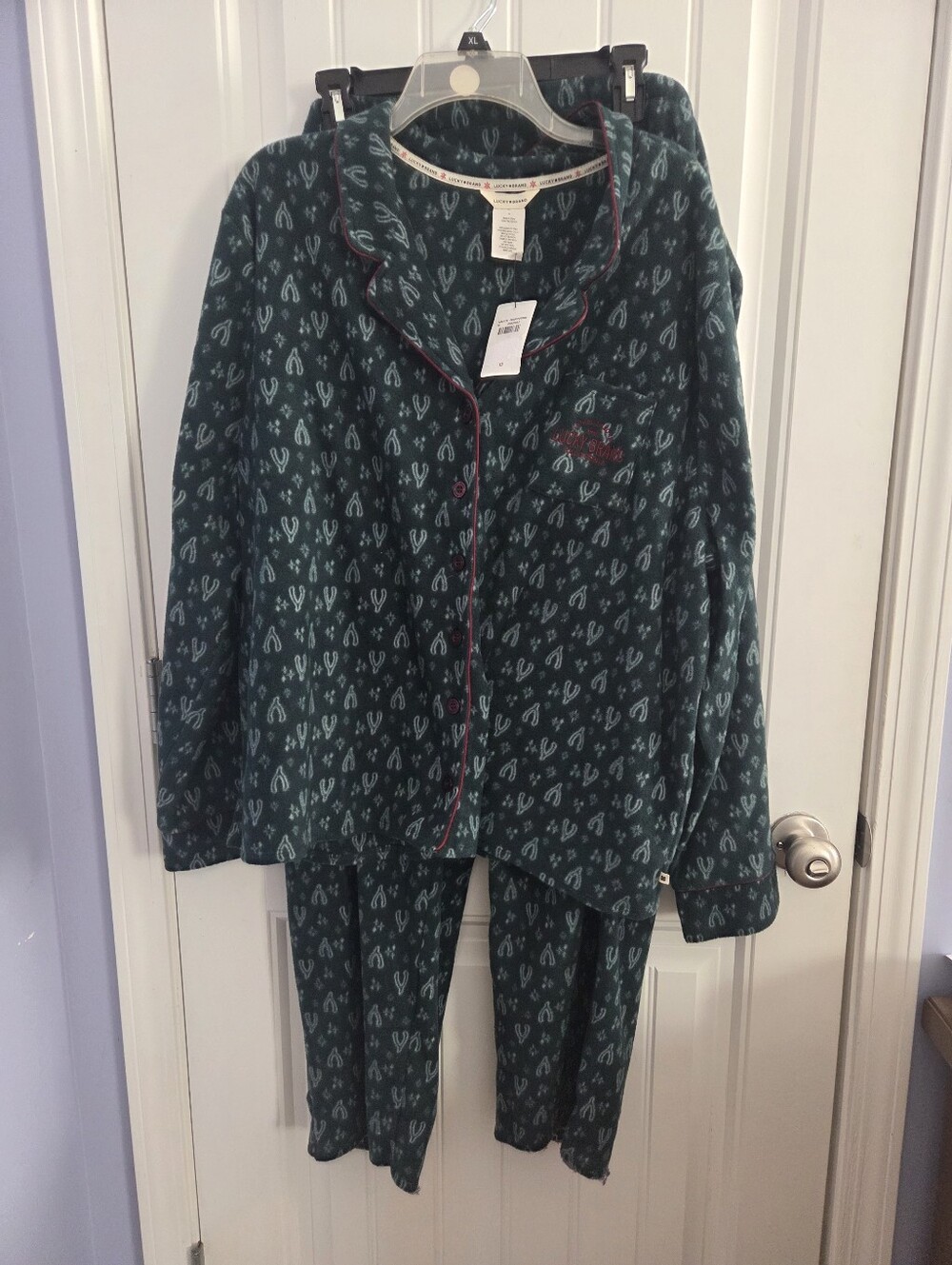 NWT Lucky Brand Women 3X 2 Piece PJ Set Wishbone Dark Green Fleece Button Up